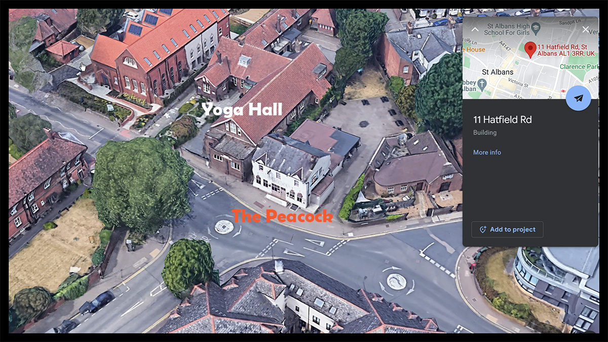 The Yoga Hall at 11 Hatfield Rd, and its neighbor, The Peacock at 13 Hatfield Road, St. Albans AL1 3RR England.